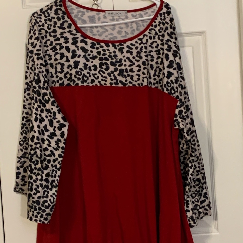 Leopard print and red tunic with bell sleeves